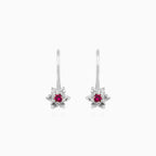 Rubínové květinové náušnice z bílého zlata se zirkonovým třpytem