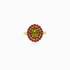 Gemstone duo oval moldavite and round garnet ring