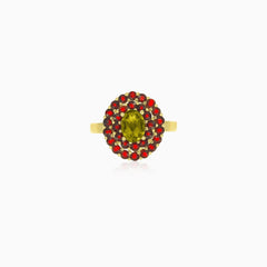 Gemstone duo oval moldavite and round garnet ring