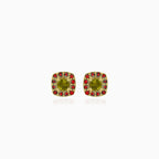 Eternal Radiance stud earrings in gold with moldavite and garnet