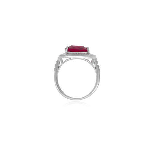 Silver halo ring with square synthetic ruby