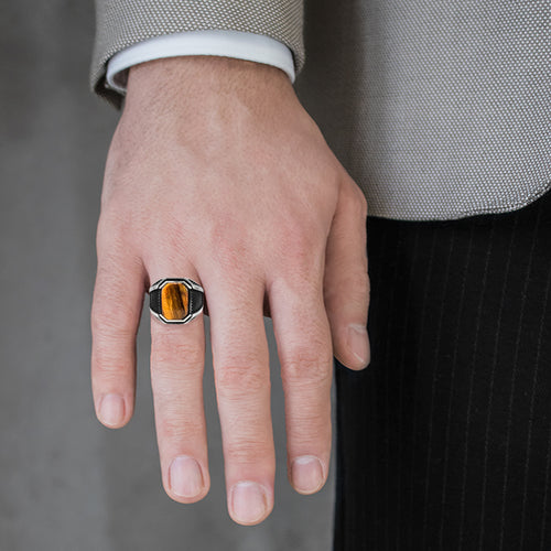 Tiger eye rectangular cut men ring