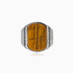Radiant cut tigers eye men ring with greek pattern