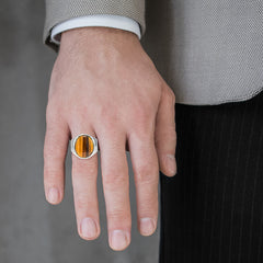 Oval cut tigers eye men ring in sterling silver