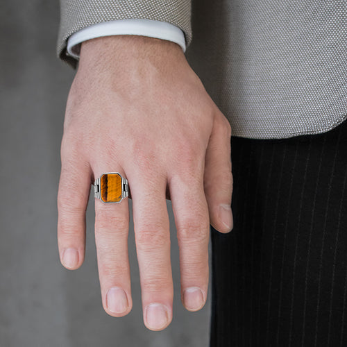 Tiger eye emerald cut men ring