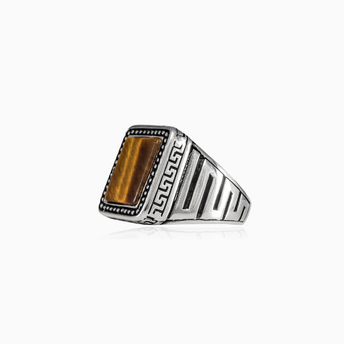 Square cut tigers eye men ring with greek pattern