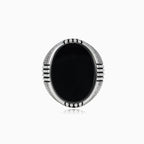 Oval bezel onyx silver men ring with engraved side lines
