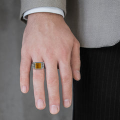 Square cut tigers eye men ring in sterling silver