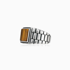 Square cut tigers eye men ring in sterling silver