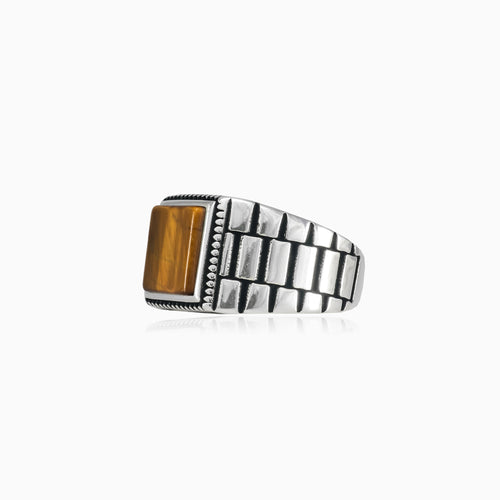 Square cut tigers eye men ring in sterling silver