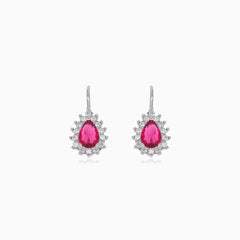 Halo pear cut ruby on sterling silver drop earrings