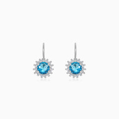 Halo sterling silver drop earrings with blue topaz