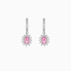 Halo silver dangling earrings with rose quartz