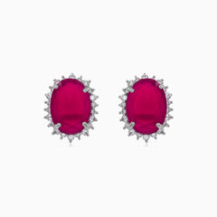 Halo oval cut ruby on sterling silver earrings