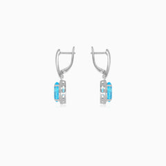 Halo-Sterlingsilber-Hängerohrringe mit Blau-Topas