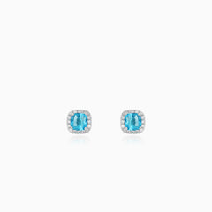 Sterling Silber Halo Ohrstecker mit Blauem Topas