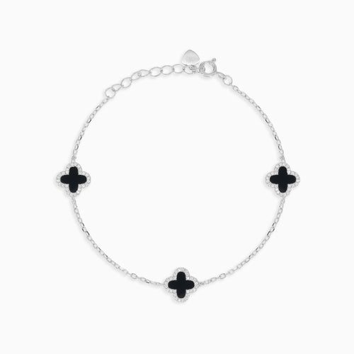 Armband aus Sterlingsilber mit Onyx-Kleeblättern
