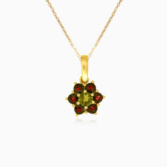 Pendentif Floral Celestia en or jaune avec moldavite et grenat