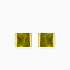 Pendientes de botón de oro con moldavita de corte princesa cuadrado