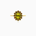 Royal Radiance Ring in Gelbgold mit Moldavit und Granat