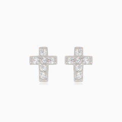 Boucles d’oreilles puces croix en argent avec zircons cubiques