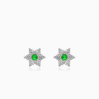 Stříbrné náušnice hvězda se syntetickým smaragdem a zirkony