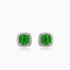 Silver stud earrings with square synthetic emerald