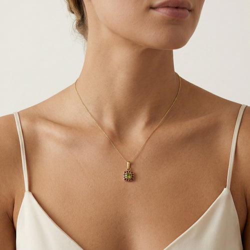 Eternal Radiance Pendant In Yellow Gold With Round Moldavite and Garnet