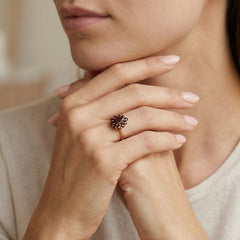 Radiant halo yellow gold garnet beauty ring