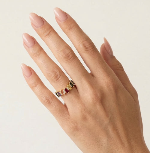 Yellow gold multi color gemstone ring