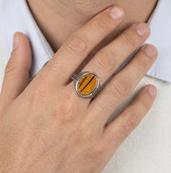Oval cut tigers eye men ring in sterling silver