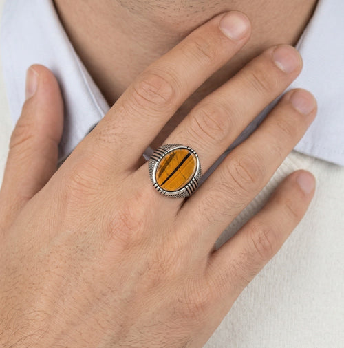 Oval cut tigers eye men ring in sterling silver