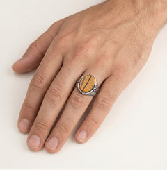 Oval cut tigers eye men ring in sterling silver