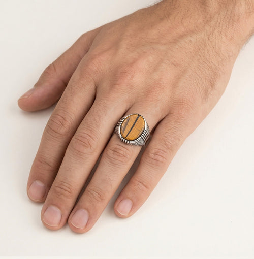 Oval cut tigers eye men ring in sterling silver
