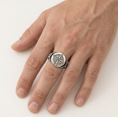 Sterling silver wind rose men ring with winged sides