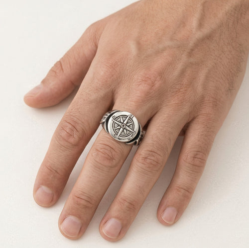 Sterling silver wind rose men ring with winged sides