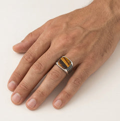 Cushion cut tigers eye men ring with side lines