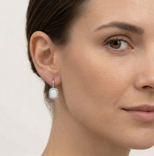 Rectangle white opal earrings