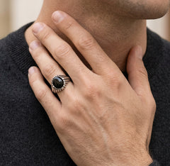 Engraved line oval onyx men ring