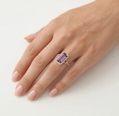 Emerald cut amethyst rose gold diamond ring