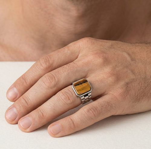 Tiger eye emerald cut men ring