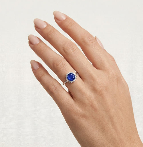 Bague halo en argent sterling avec saphir central