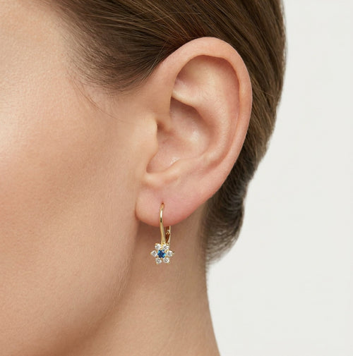 Blaue Blumen-Ohrringe aus Gold mit Zirkonia