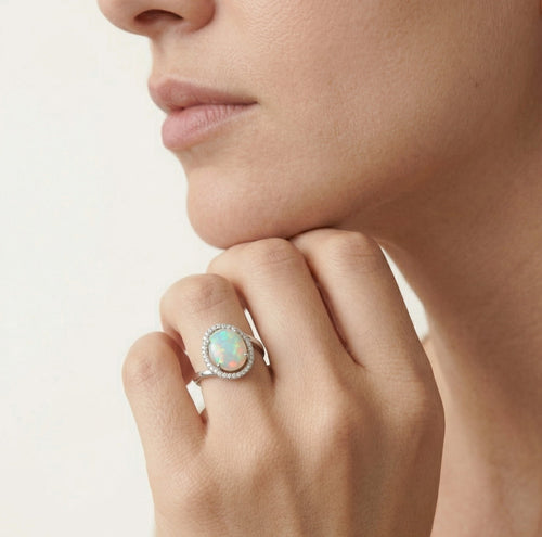 Anillo con zirconia cúbica y ópalo blanco montados en garras