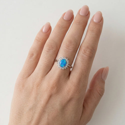 Sterlingsilber-Halo-Ring mit Blauopal
