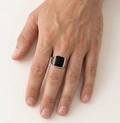 Emerald cut onyx men ring in polished silver