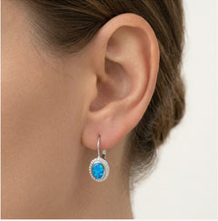 Bezel blue opal oval lever earrings