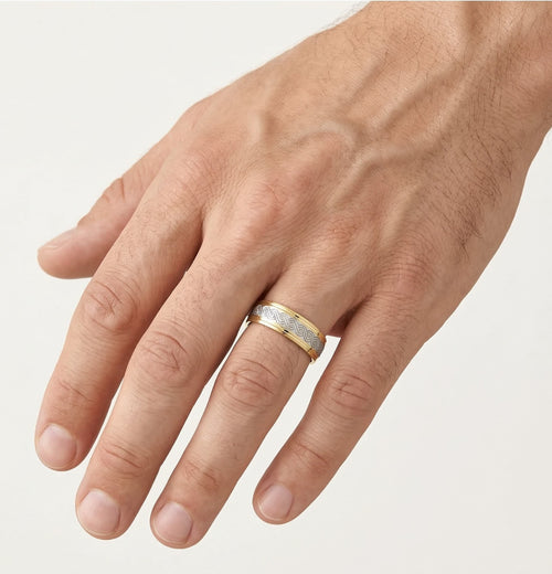 Two tone gold wedding ring with greek pattern