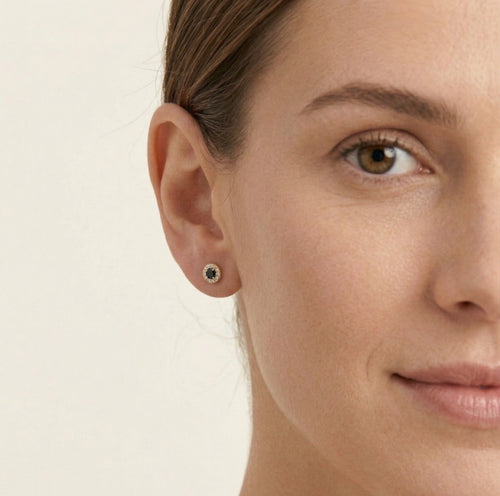 Black onyx halo cubic zirconia yellow gold stud earrings