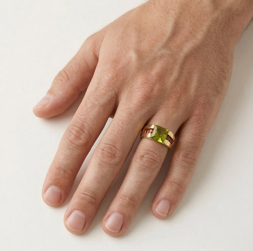 Luxe moldavite and garnet men's ring